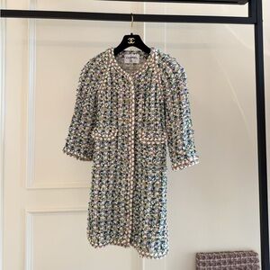 Authentic CHANEL Multicolor Tweed Jacket in Green, Pink and Cream